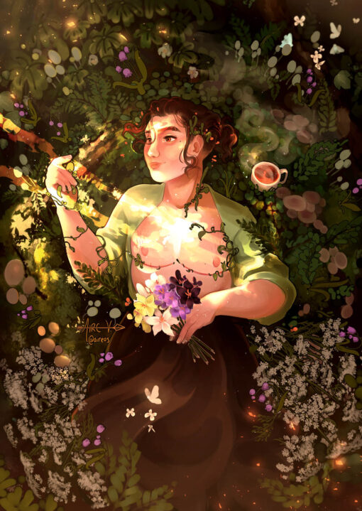 A digital painting of a person surrounded by flowers and vegetation with a cup of tea in the leaves above their shoulder. They are holding flowers in one hand and their shirt is open showing top surgery scars.