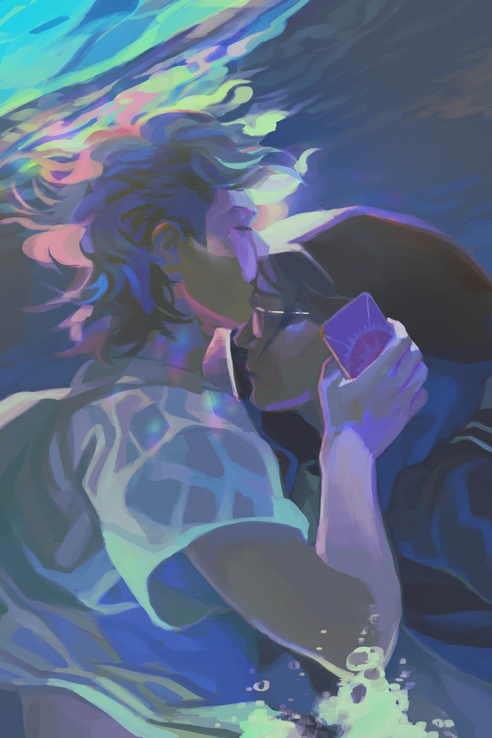 A digital painting of two people under water. One person is holding a purple card in their hand and kissing the other person on top of their head.