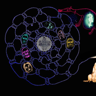 Surreal digital art with a circle of blue knotted rope emanating from an image of a chihuahua on a black background. Between the gaps of the knots are brightly colored drawn faces. In the right corner is a red creature with an image of a dog in its belly.