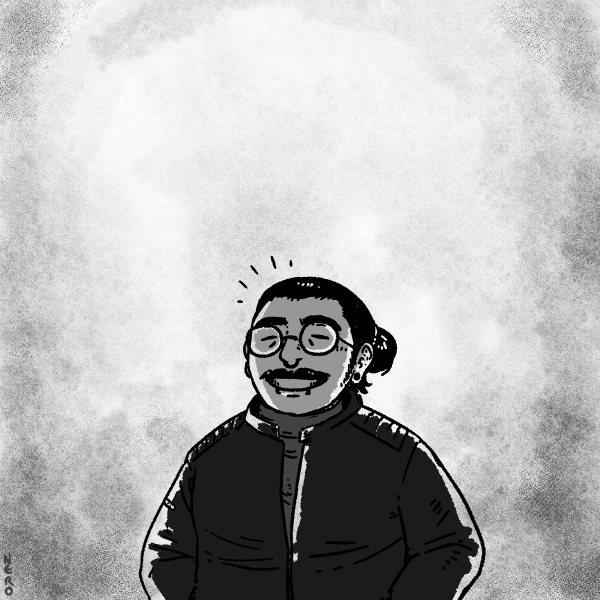 An illustration of Nero in black and white, smiling, with a cloudy background. 