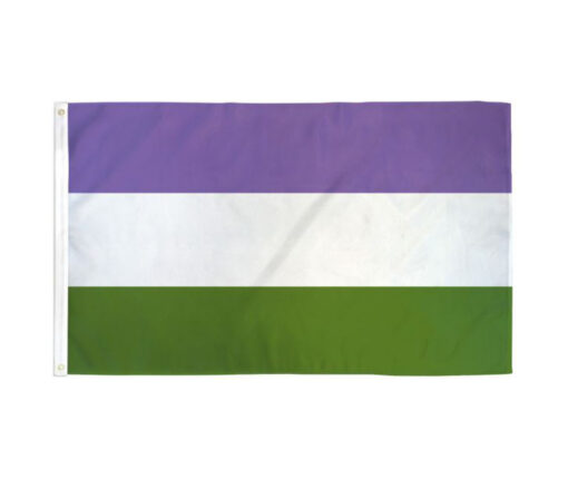 A genderqueer flag consisting of green, white, and purple stripes.