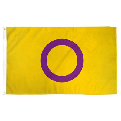 An intersex flag consisting of a yellow background and a purple circle.