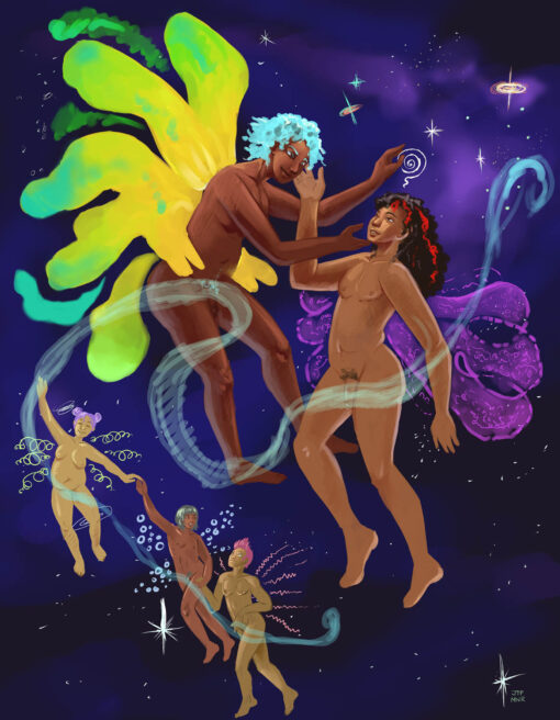 A digital illustration of 5 nude people floating in space with colorful ethereal wings of varying shapes. The two closest figures are reaching out to touch each other's faces.