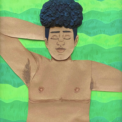 A paper collage and mixed media art piece of a shirtless black person with top surgery scars laying in the grass.